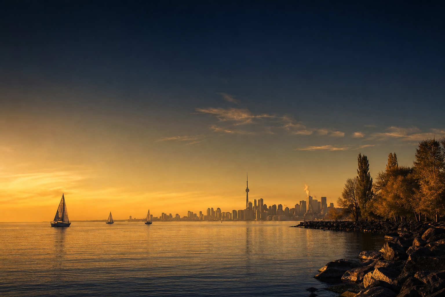 Lake Ontario and the Humber Bay skyline at golden hour